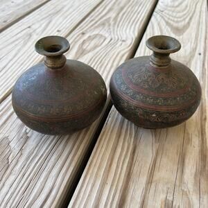Indian Chambu Lota brass vessels 2 engraved red vintage brass pots